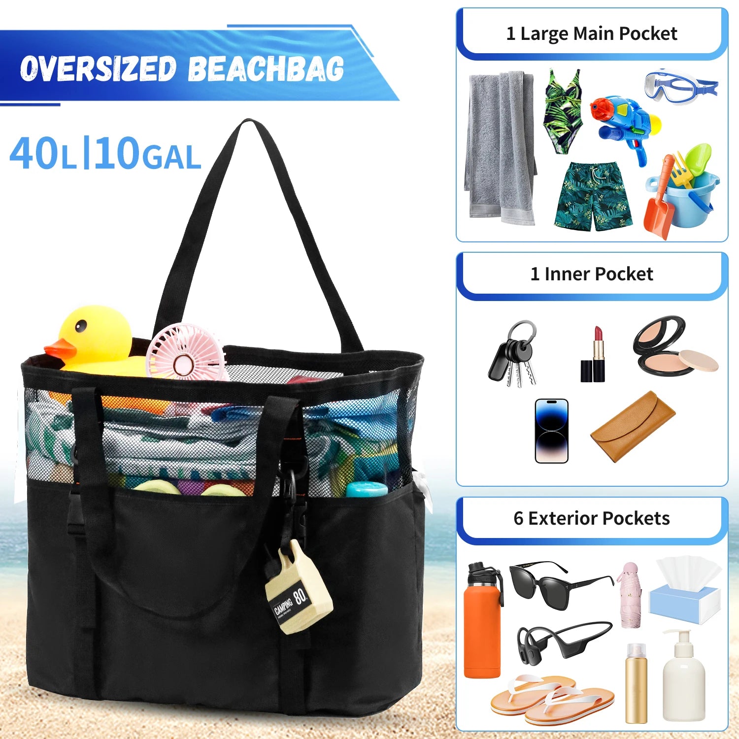 Extra Large Mesh Beach Bag with Zipper Bottom, Oversized Beach Tote Bag for Beach or Pool Trip