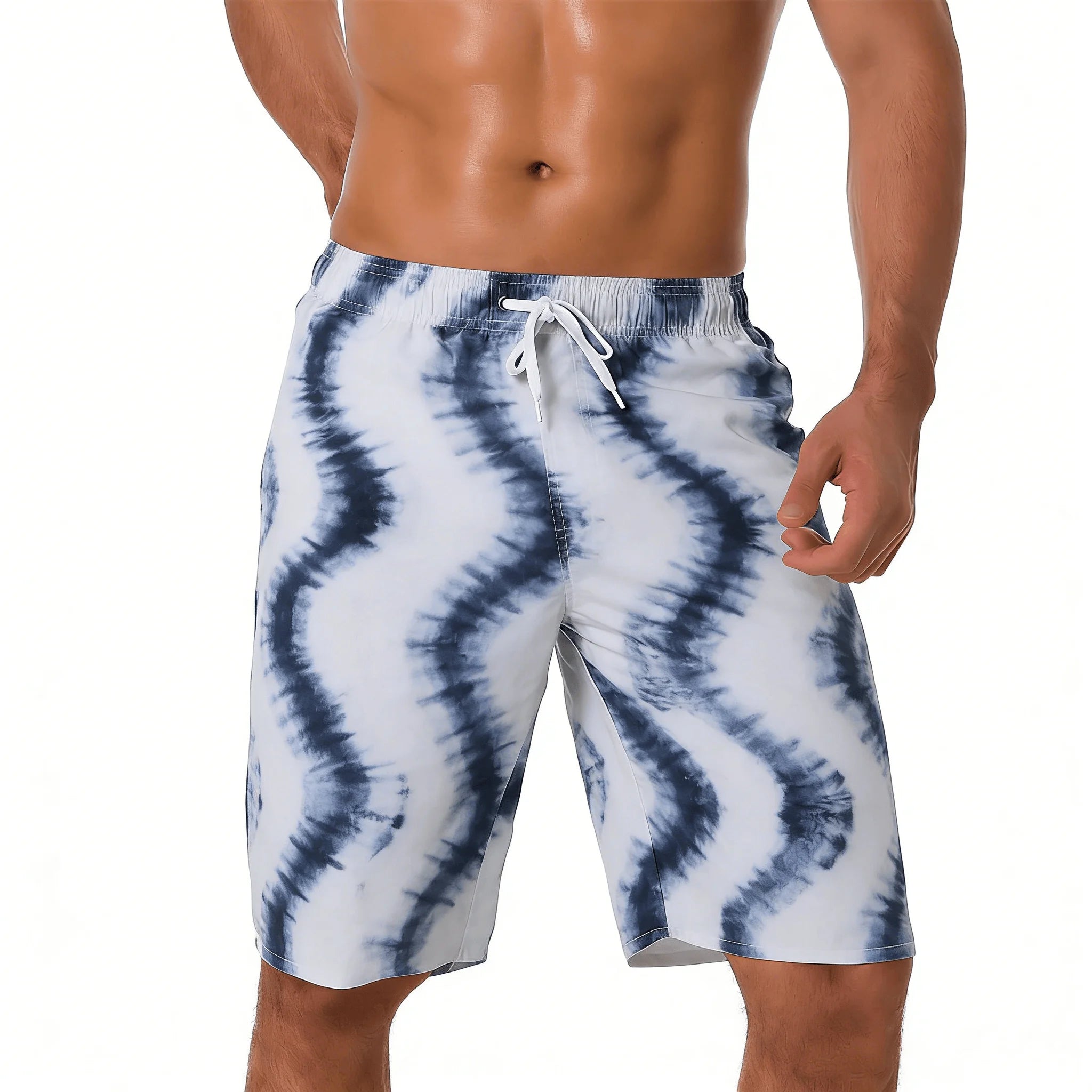 Men's Cyan Gradient Water Ripple Print Drawstring Shorts, Spring Summer Fresh Beach Casual Shorts, Pocket Beach Shorts