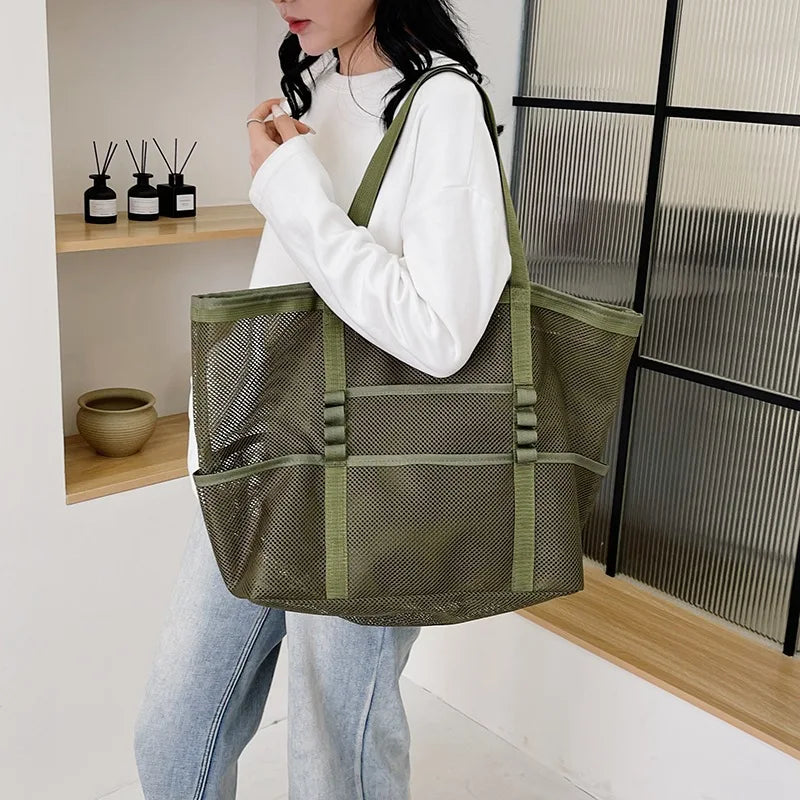 Large Capacity Canvas Beach bag Versatile Commuting Shopping Shoulder bag Lightweight Semi Transparent Mesh Hollow bag