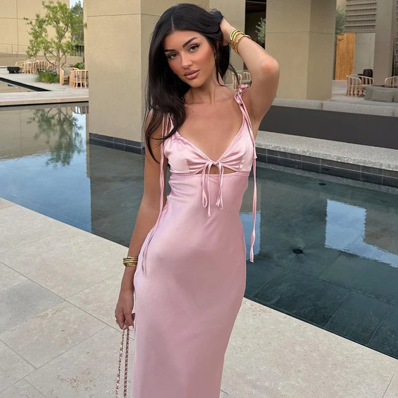 TARUXY V-neck Cut Out Lace-Up Spaghetti Strap Dress For Women Summer Beach Long Dress Fashion Sexy Sleeveless Slim Gown Clothes