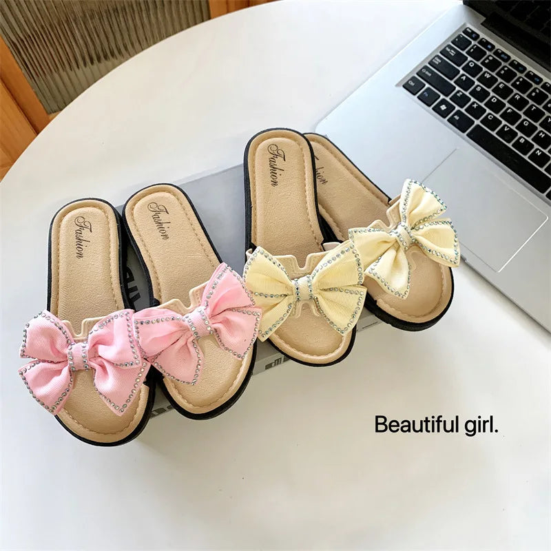 2026 New Bow Flats Open Toe Slide Sandals Non-slip Flip Flops Children Home Slippers Kids Girls Summer Cute Beach Slippers Shoe