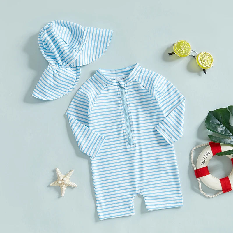 0-3T Toddler Boys Girls Rash Guard Swimsuit with Hat 2 Pcs Set Striped Pattern Zip Up Long Sleeve Crew Neck Baby Swimwears