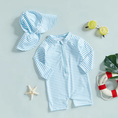 0-3T Toddler Boys Girls Rash Guard Swimsuit with Hat 2 Pcs Set Striped Pattern Zip Up Long Sleeve Crew Neck Baby Swimwears