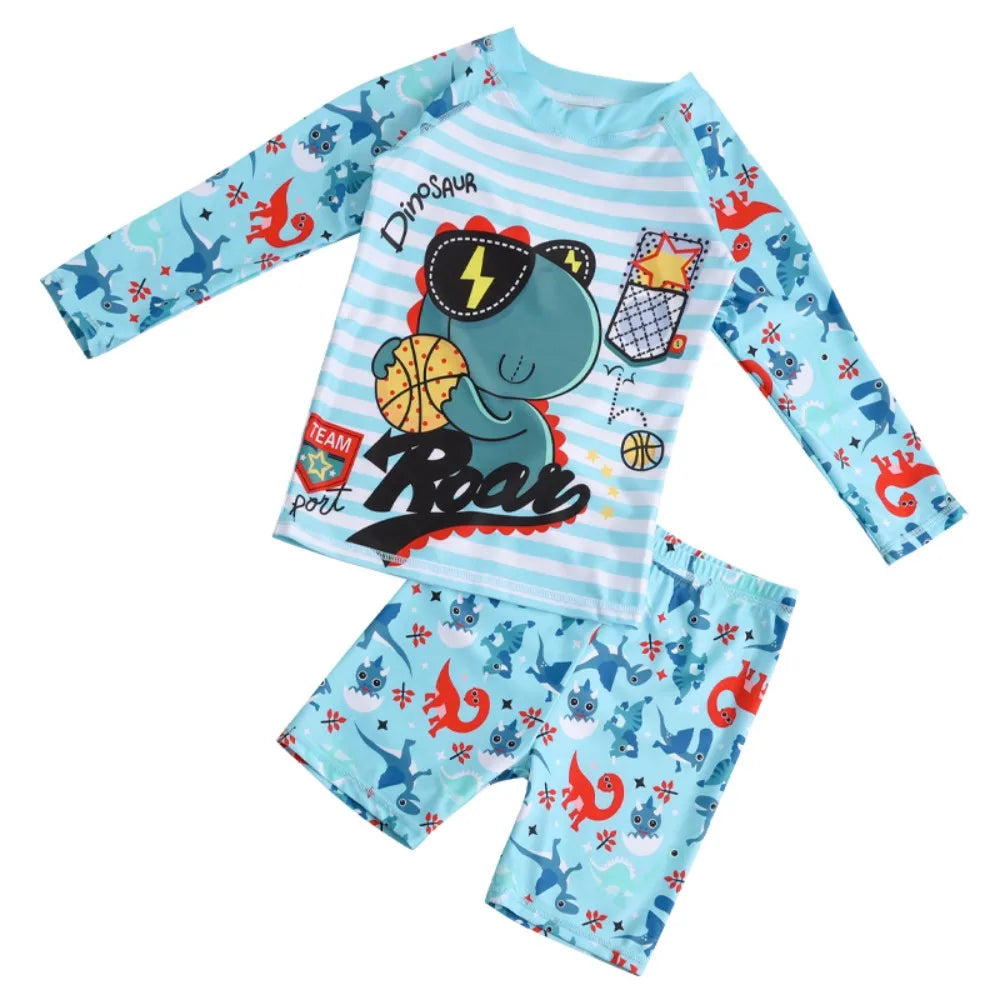 Boys Dinosaur Swimwear Set 2Pcs Kids Long Sleeve Rash Guard Swim Shirt + Shorts Toddler Swimming Suits Beachwear for Boys