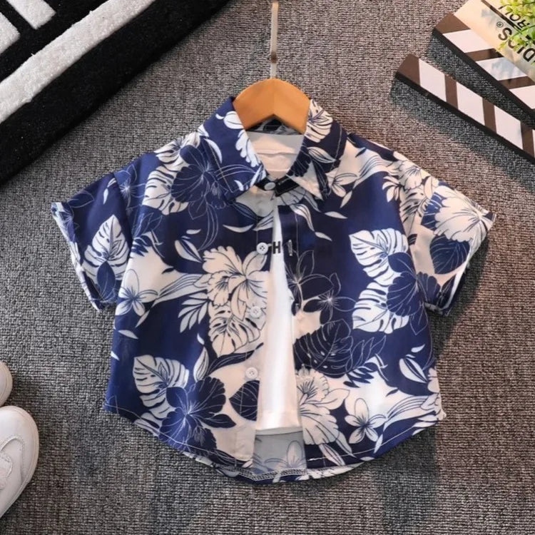 Retro Floral Print Boy's Short Sleeve Shirt Kids Summer Clothing Trendy Stylish Beach Vacation Top for Children Ages 3-10