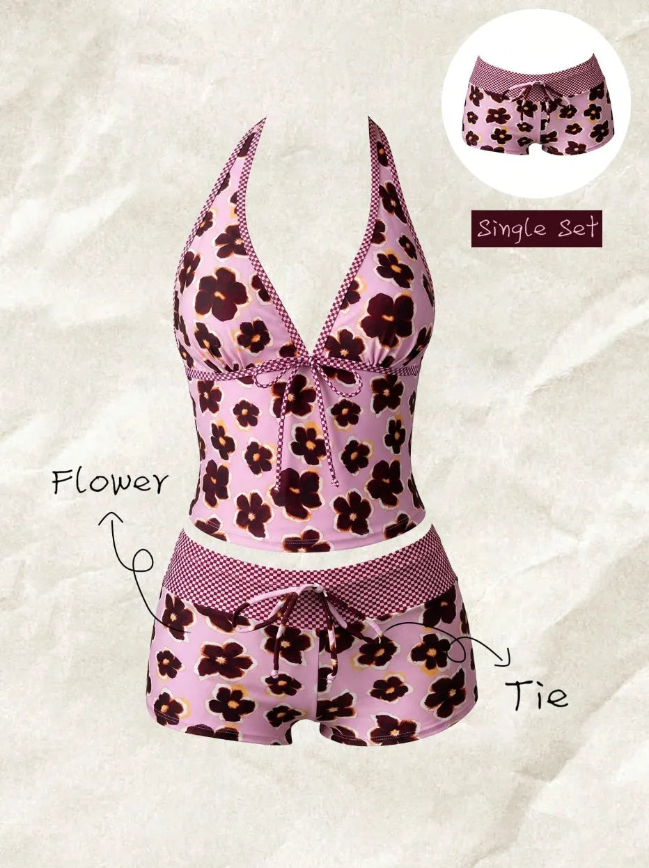 Women Swimwears Polka Dot 2-Piece Tankini Set Halter V Neck Front Tie Cami Top & Contrast Waistband Drawstring Swim Shorts