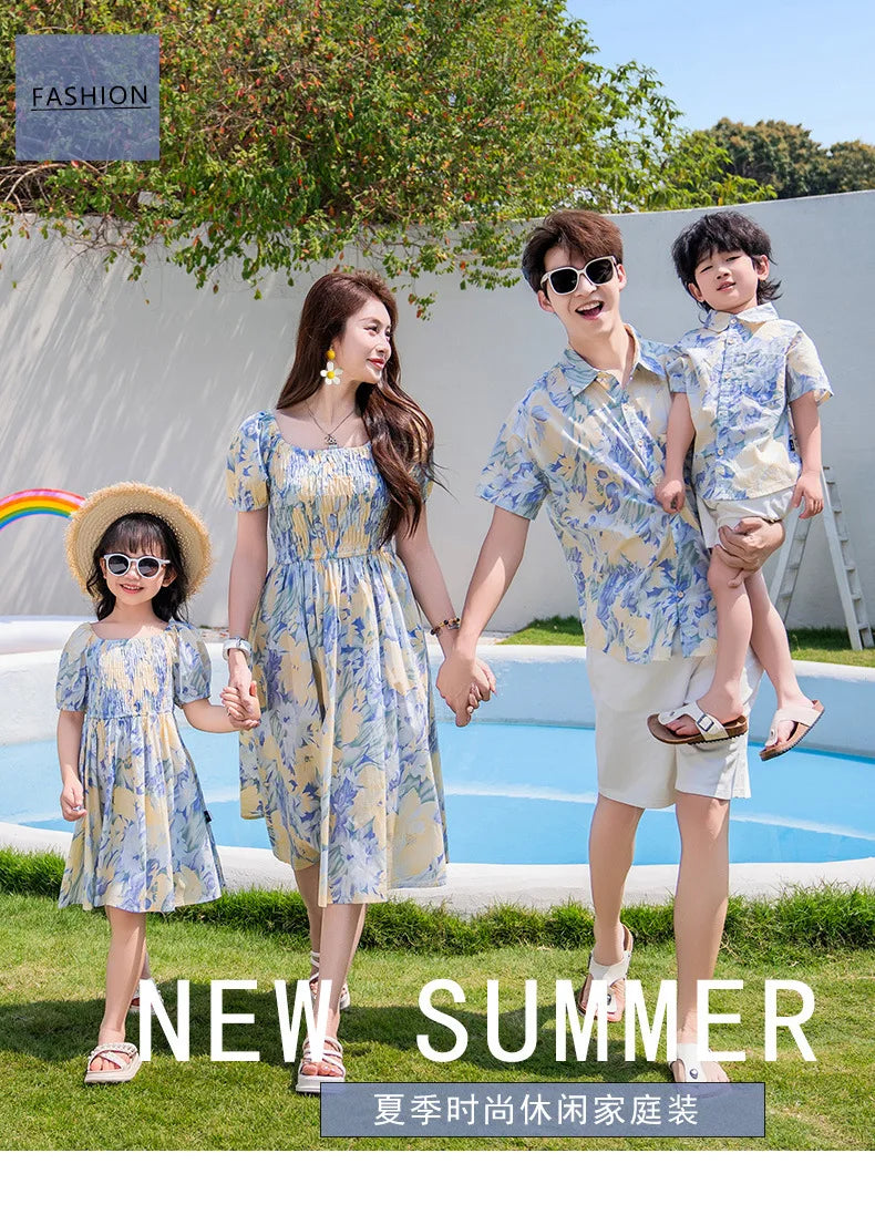 Vacation Couple Family Matching Outfit Dad Son Beach Shirts Mom Daughter Smock Dress Korean Parent-child Sister Brother Clothes