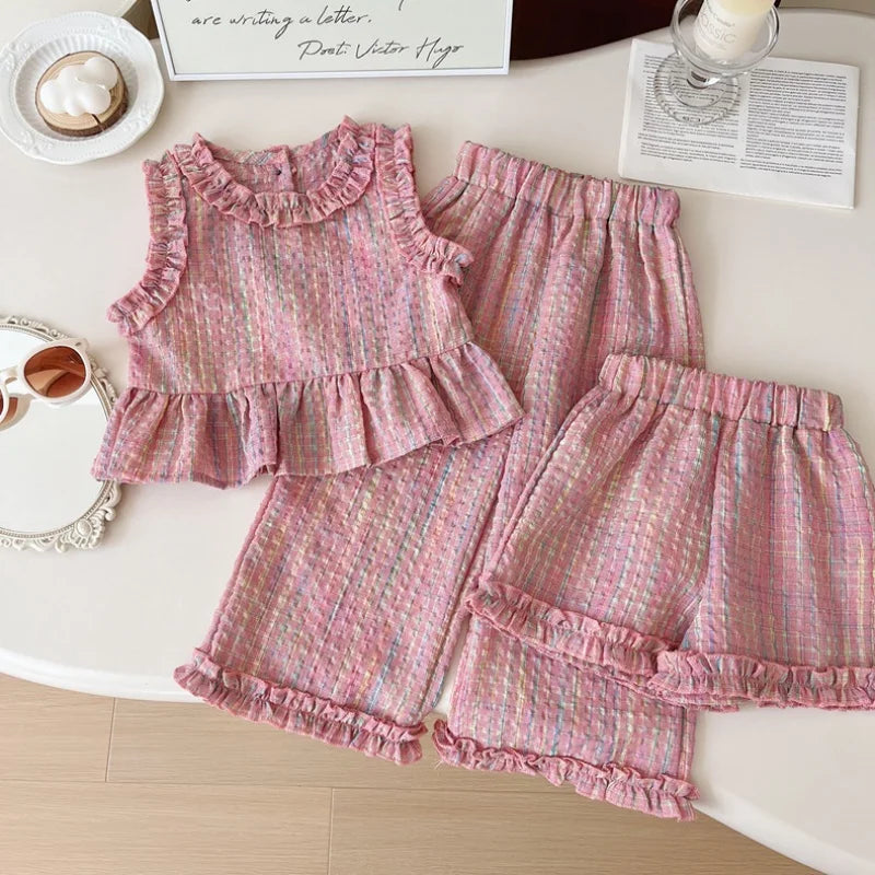 2pc/Set Baby Girl Set Summer Pink Checkered Cotton Sleeveless Top Long Pants Costume For Baby Cute Girls' Beach Set
