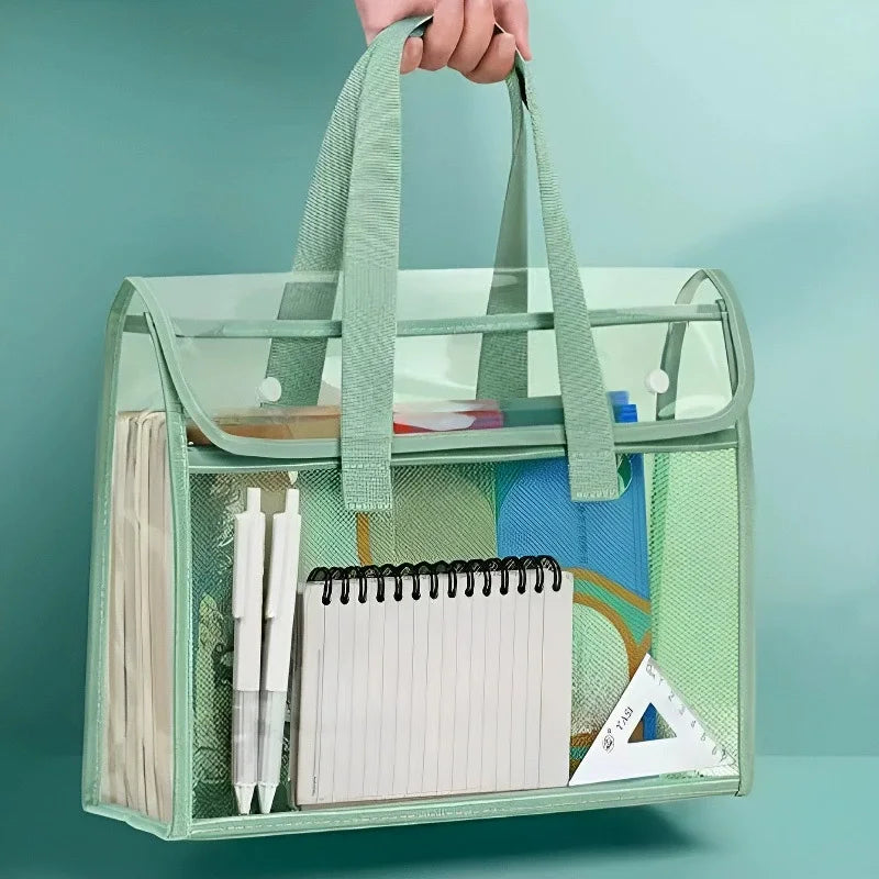 Clear Transparent PVC Tote Bag Large Capacity Waterproof Mesh Pocket Reinforced Handle for School Commute Beach