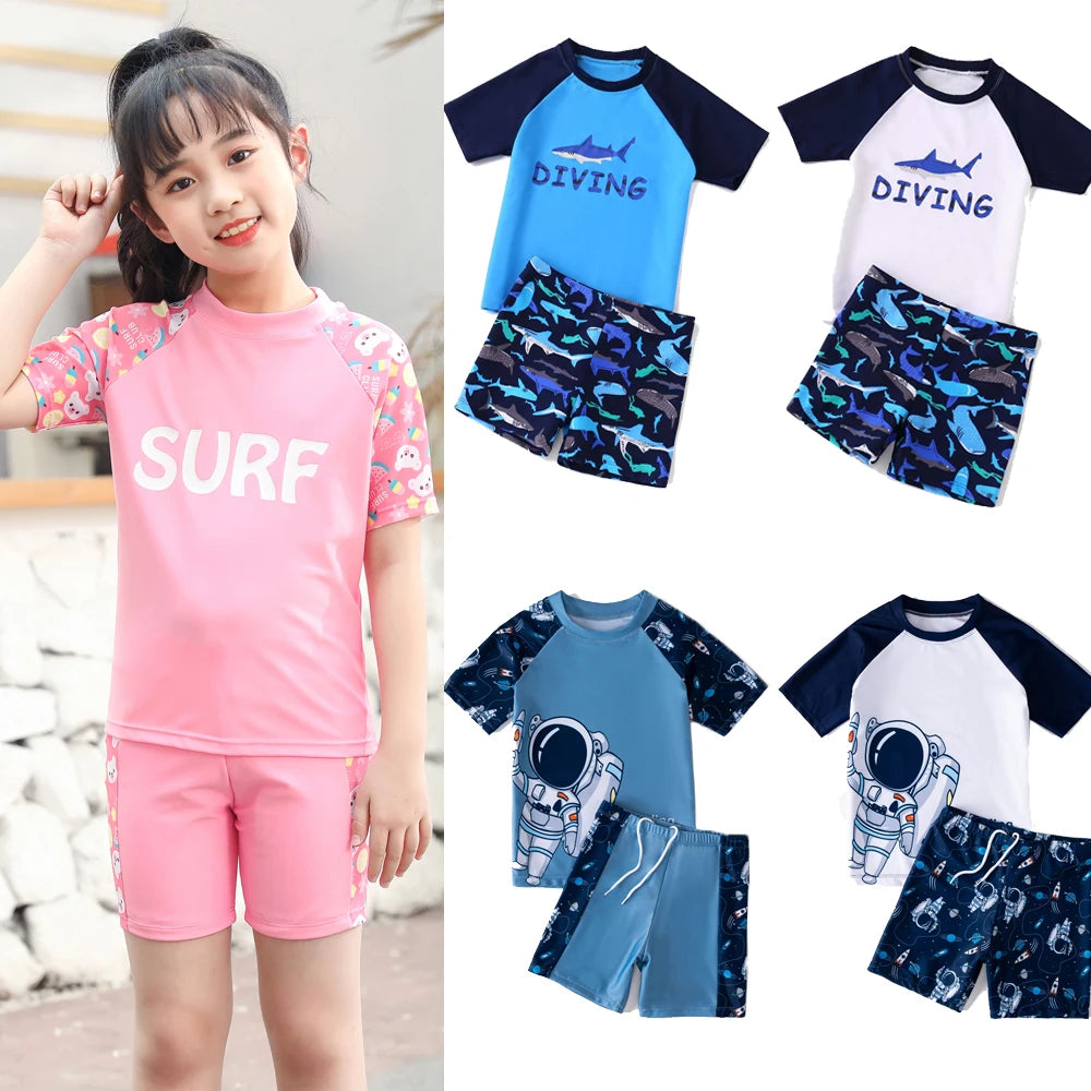 Kids Boy Swimsuit Cool Summer Children Board Shorts 3pieces Boys Swimwear Beach Surfing Girls Swimwear Bathing Suits with Hats