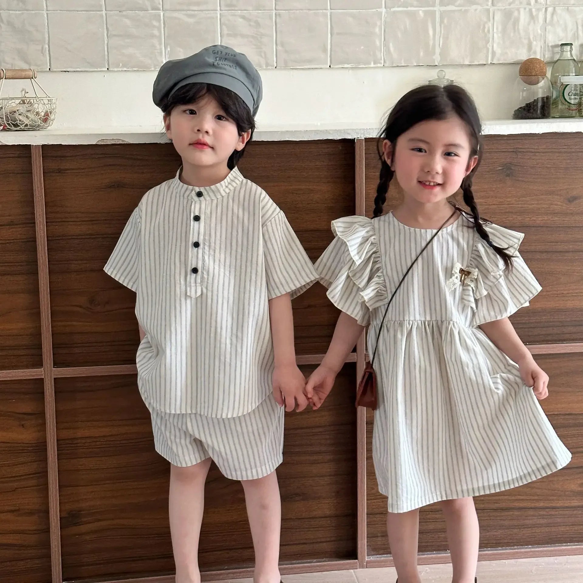 22004 Brother Sister Clothes Summer New Short Sleeve Stripes Baby Boy's Suit Or Cotton Girl Dress