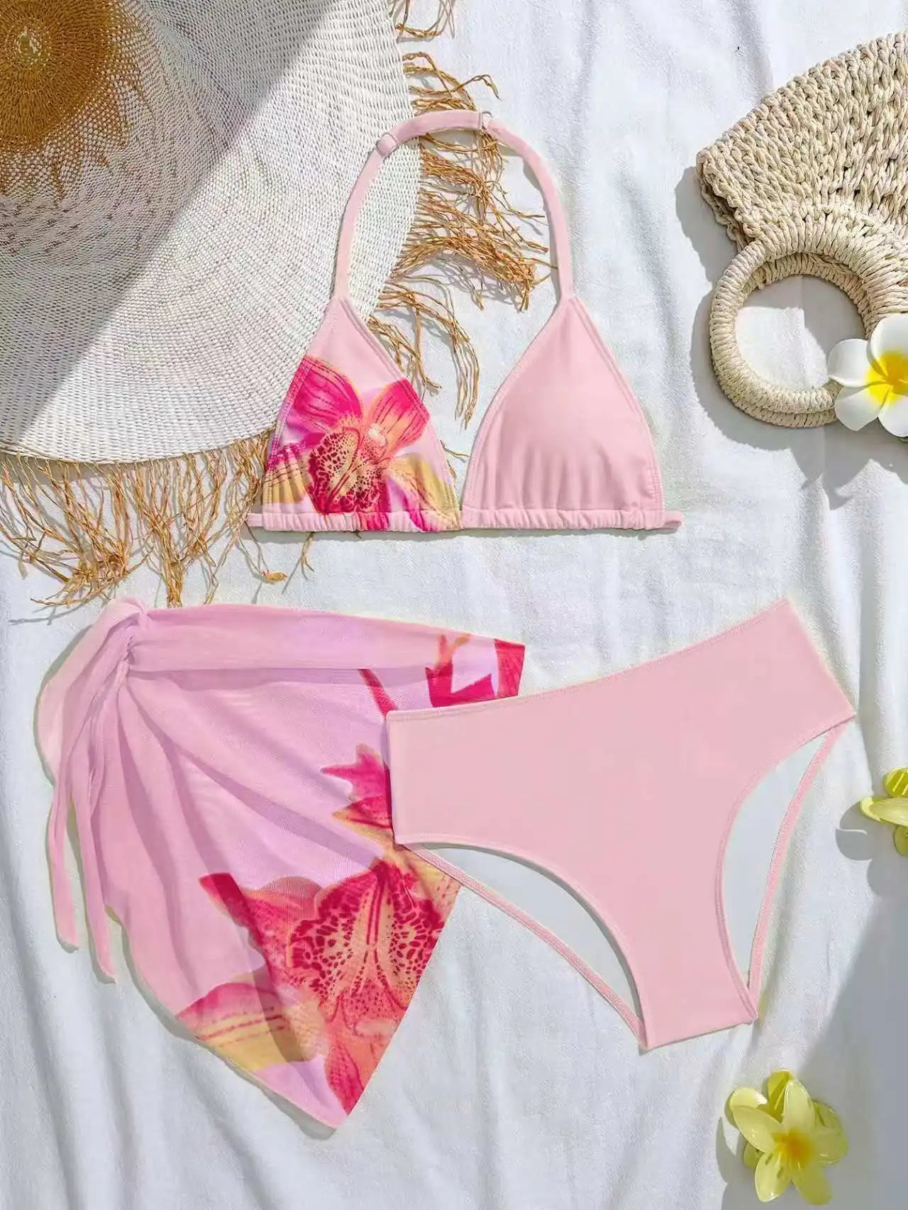2026 Halter Girls Swimsuit 3 Pieces Bikinis Printed Kids Swimwear Female Children's Bathers Bathing Swimming Swim Suit 8Y-12Y