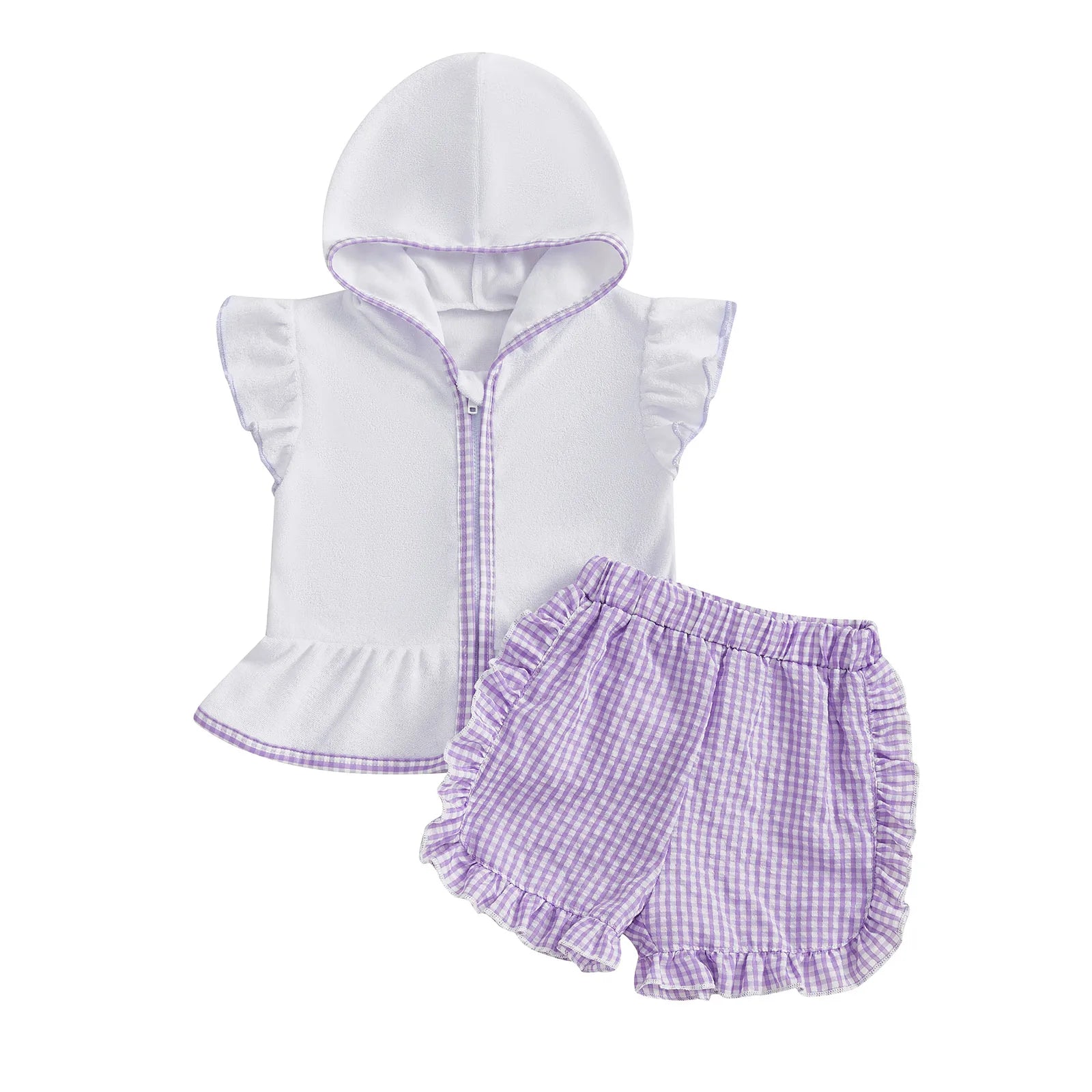 MISOWMNJOY Children Girls Beach Clothes Set Cute Flying Sleeve Zipper Hood Tops with Ruffled Plaid Shorts Summer Toddler Outfits
