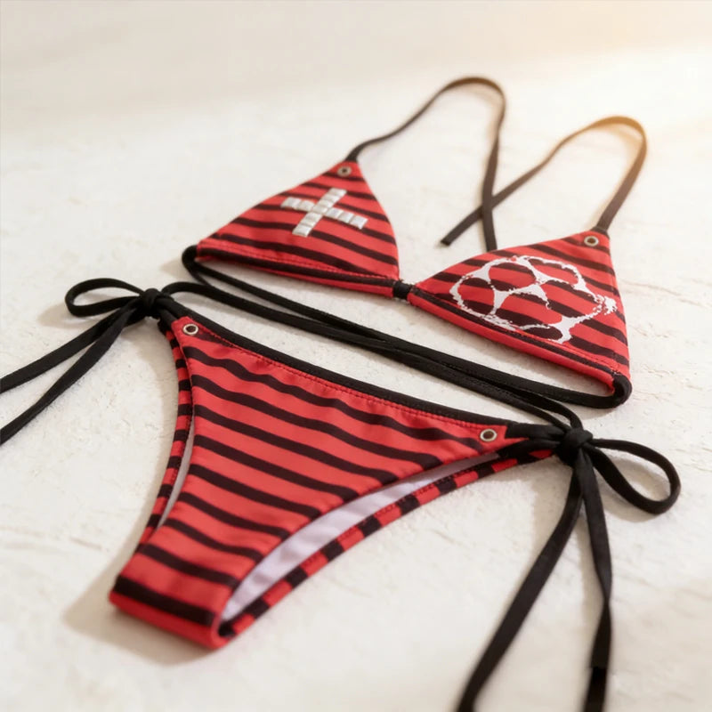 Striped Cross & Paw Print Bikini Set Women Triangle Halter Top Tie Side Bottoms Summer Y2K Punk Aesthetic Beachwear