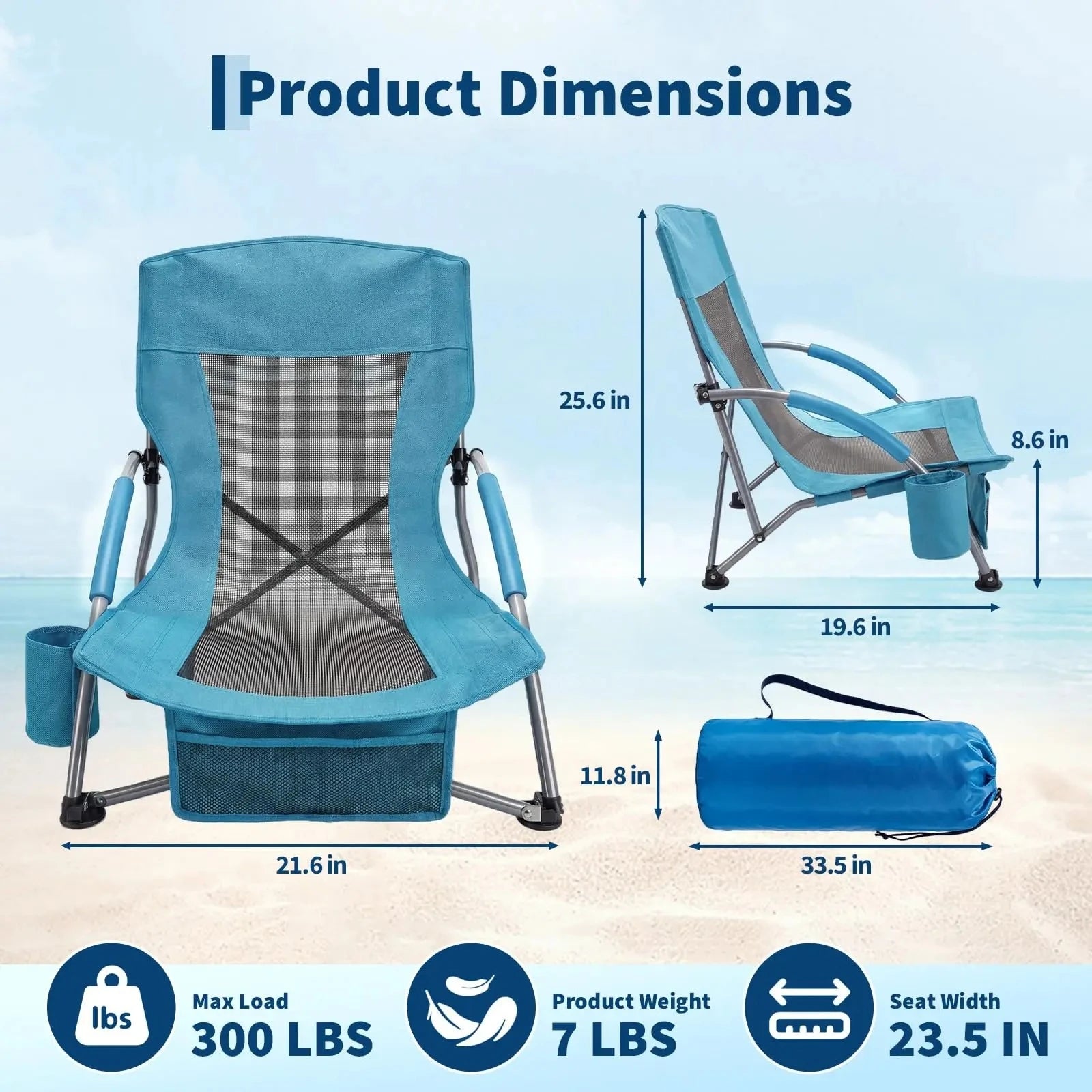 Low Folding Portable Beach Chairs for Extra Wide Seat Chair with Cup Holder Storage Pocket Carry Bag for Camping Beach Travel