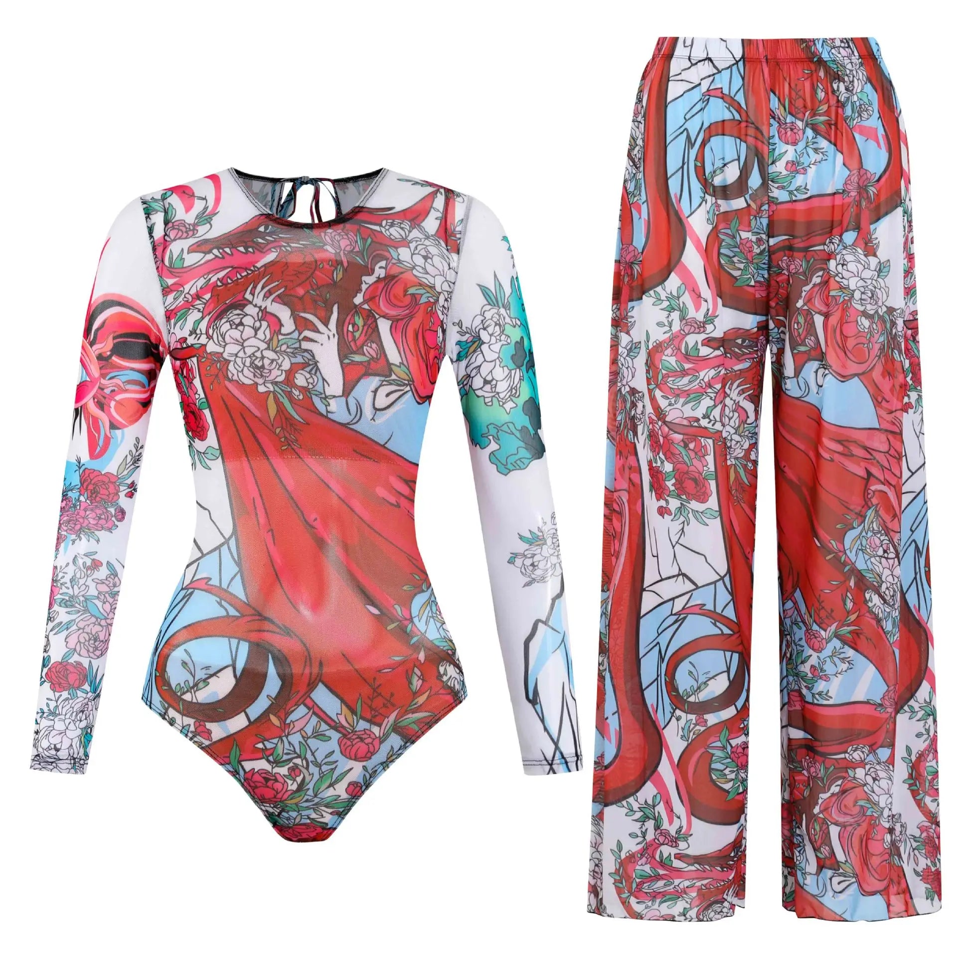 Women's Long Sleeve Swimwear Sunscreen One Piece Swimsuit High Elastic Thickened Mesh Loose Pants SPF35+ New Fitness Beachwear