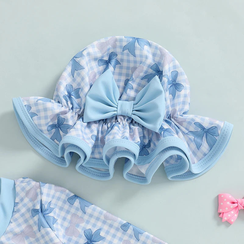 1-4T Children Baby Girl Rash Guard Swimsuit Long Sleeve Bow Plaid Print Bathing Suit Infant Swimwear with Sun Hat
