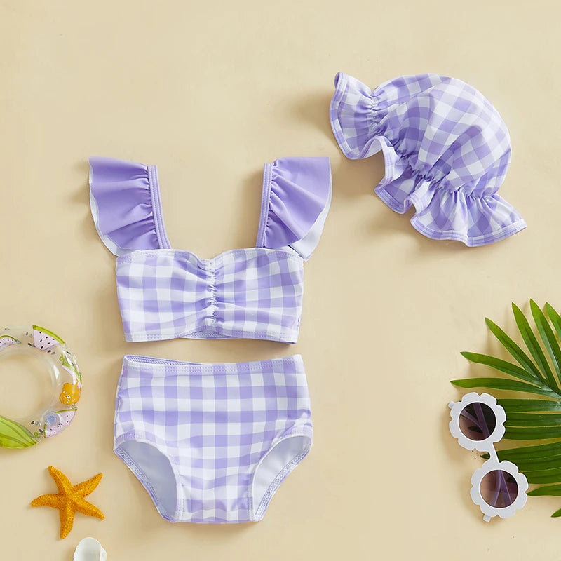 0-3T Toddler Girl Bikini Set Swimsuit Plaid Print Flutter Sleeves Tank Tops with Shorts and Hat Bathing Suit 3 Pcs Beachwear