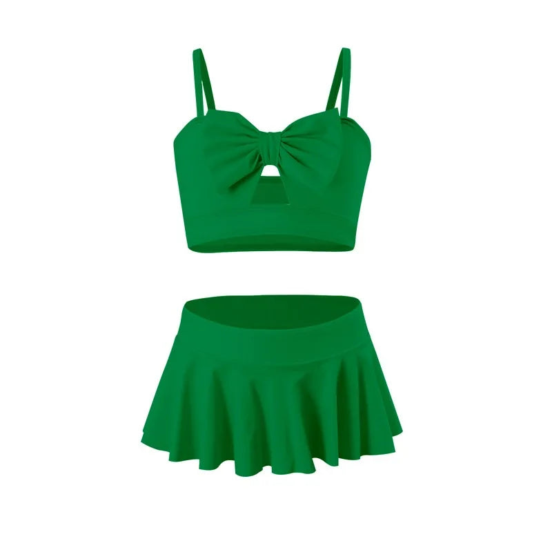Girls Bow Bandeau Bikini Two Pieces Swimsuit Kids Ruffle Skirt Children's Swimwear 5-14 Years Teenager Bathing Suit Beach Wear