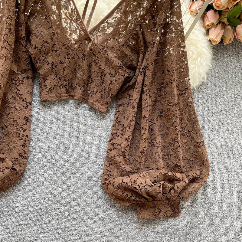 Frenchic Sexy Blusas Mujer Crochet Lace Sheer Women Tops V-neck Lantern Sleeve Backless Lace-up Ladies Elegant Blouse