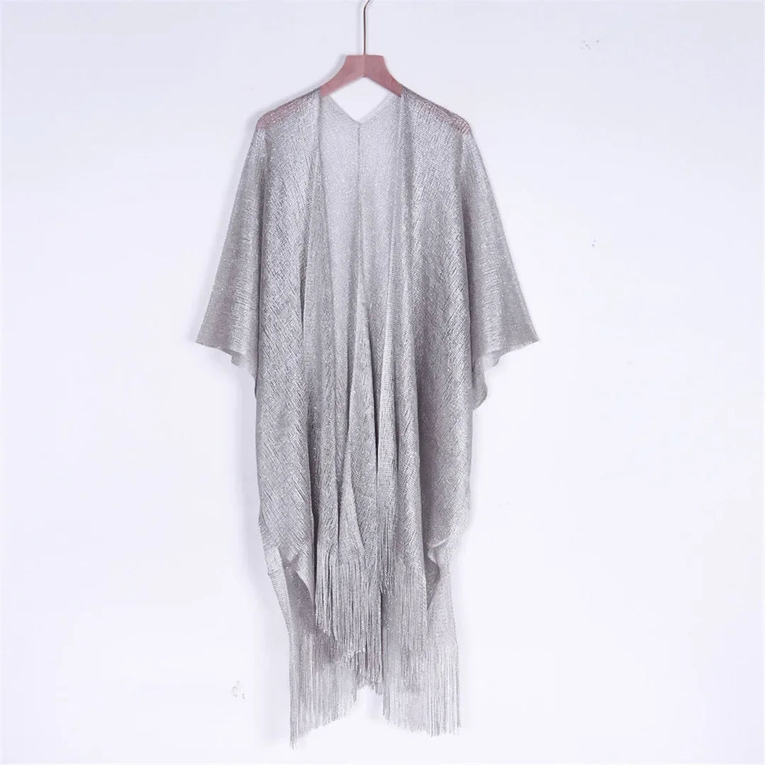 Sexy Fringe Tassel Sheer Knitted Beach Cover Up Dress Shiny Mesh Tunic for Women Swimwear Mesh Cover Lightweight Beach Dress