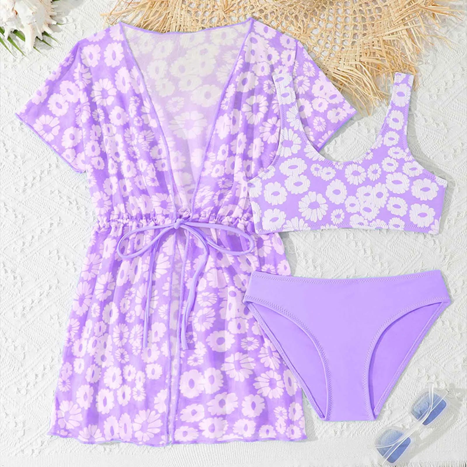 Girls 3 Pcs Swim Cover Up Sets Floral Bikini Crop Top With Brief Kimono Teens Bathing Suit Girls' Swimsuit Cover Up Wrap Scarf