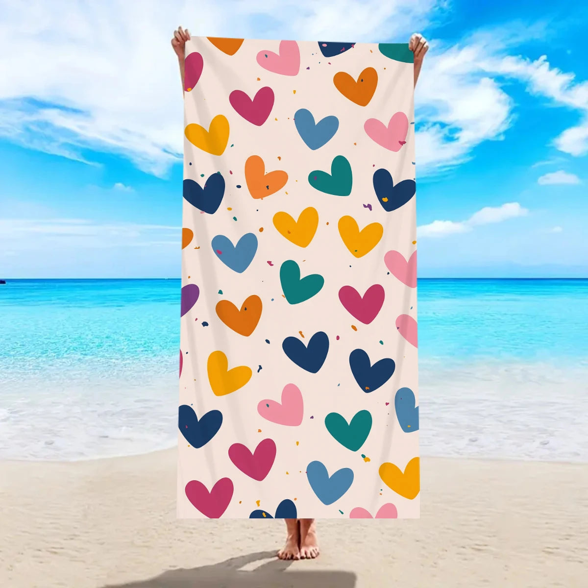 1pc Bohemian Large Beach Towel, Striped Flower Love Printed Bath Towel, Outdoor Swimming, Vacation, Camping Beach Towel
