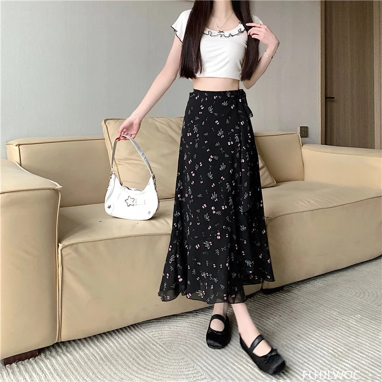 Wrap Up Chic Korea Clothes Women Cute Girls Floral Robe Holiday Beach Date High Waist Retro Vintage One-Piece Lace-Up Skirts