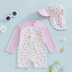 Tregren Toddler Girl Long Sleeve Swimsuit Floral/Flamingo Print Half Zipper Rash Guard Swimwear with Sun Hat Infant Beachwear