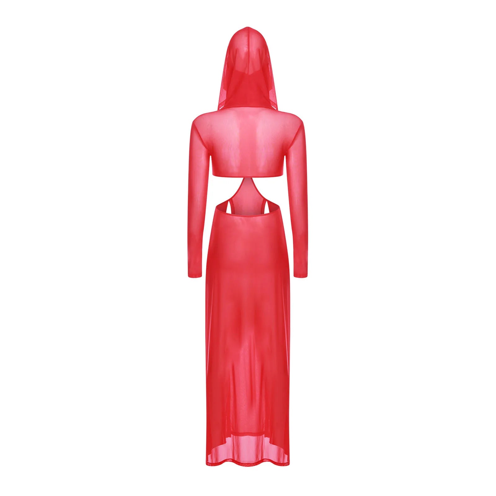 Women Sheer Dress with Hooded Face Mask Maxi High Slit Sexy Mesh Dress Long Sleeves Hollow Out Sheer Dress Cover Up Swimwear