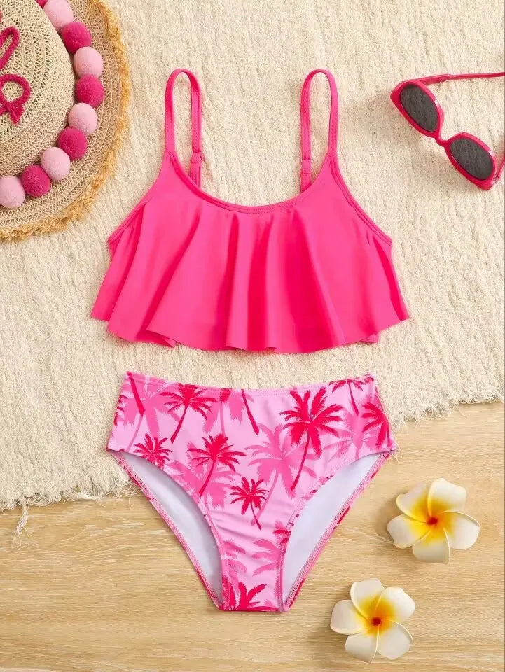 7-12 Years Girls Kids High Waist Ruffle Swimwear Summer Beach Children Swimsuit Print Biquini Teens Bathing Suit Pink Bikini Set