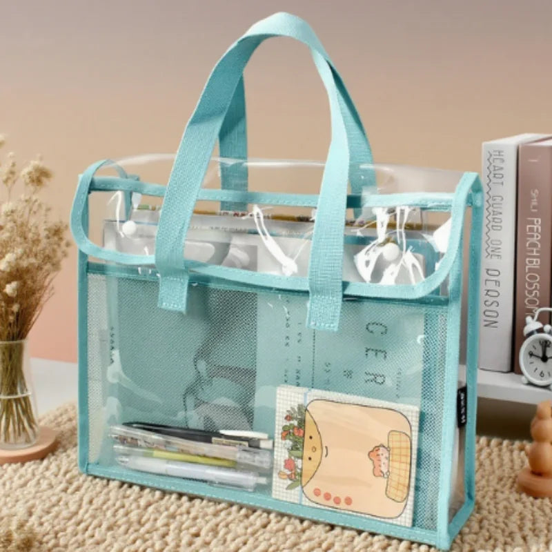 Clear Transparent PVC Tote Bag Large Capacity Waterproof Mesh Pocket Reinforced Handle for School Commute Beach