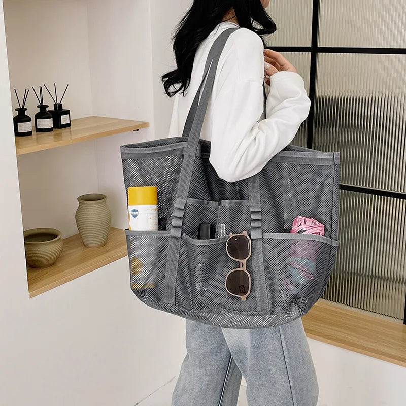 Large Capacity Canvas Beach bag Versatile Commuting Shopping Shoulder bag Lightweight Semi Transparent Mesh Hollow bag