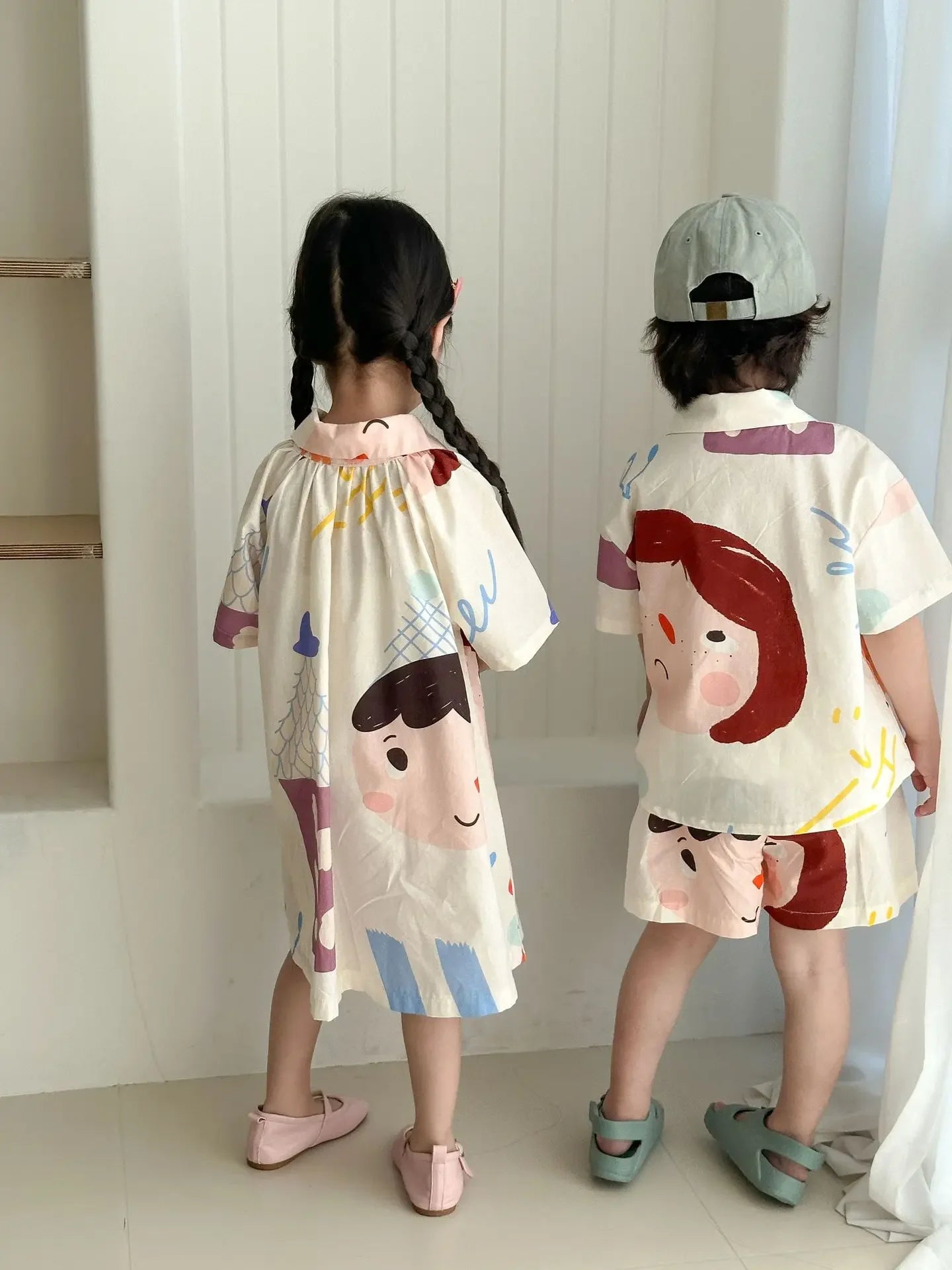 Kids Set Brother And Sister Clothes 2025 Summer New Boy's Two Piece Suit Or Short Sleeve Girl's Graffiti Dress Cartoon Clothes