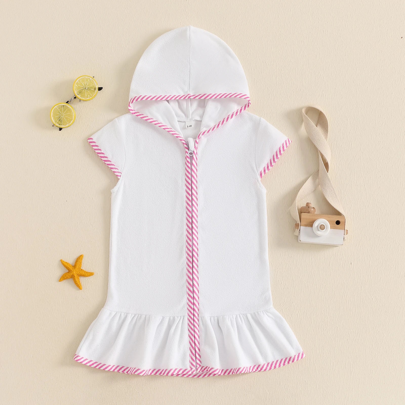 Toddler Girl Hooded Beach Coverup Summer Infant Stripe Print Zipper Bathrobe Children Short Sleeve Summer Swimwear Cover-up