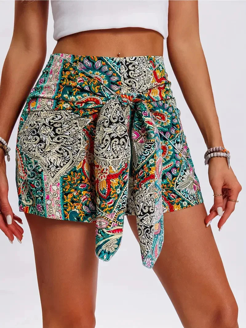 Vacation Style Woman Shorts 2025 Summer Trendy Latest Casual Vintage Boho Tribal Floral Printed High Waist Wide Leg Ladies Pants