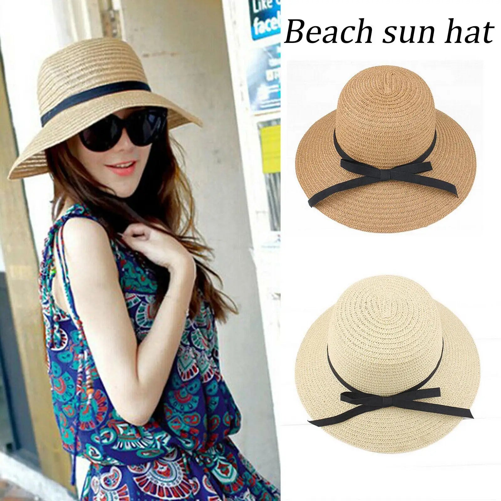 Summer straw hat,large wide brim,foldable beach sun hat, straw woven drooping brim UV protection ladies outdoor travel straw hat
