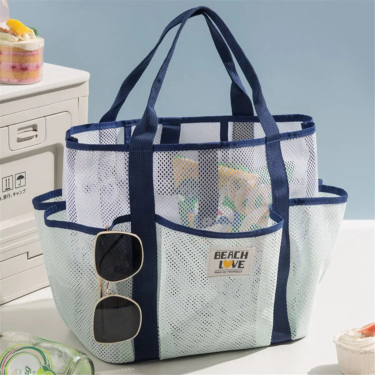 Mesh Gym Beach Tote Bag Large Capacity Portable Handheld Travel Bag Swimming Swimsuit Storage Pouch for Outdoor Vacation