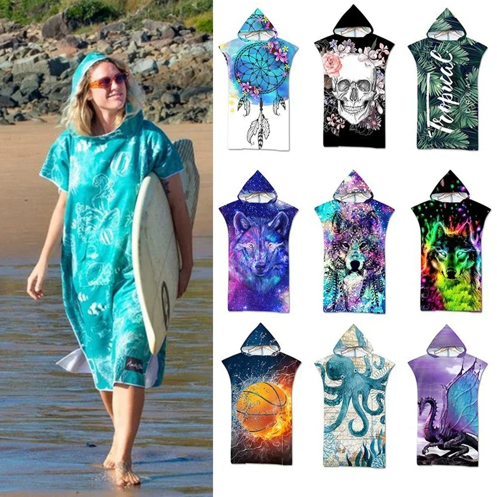 Printed Hooded Beach Towel For Adults Child Quick Dry Swimming Pool Poncho Bath Towel With Cloak Bathrobe Swimming Towels