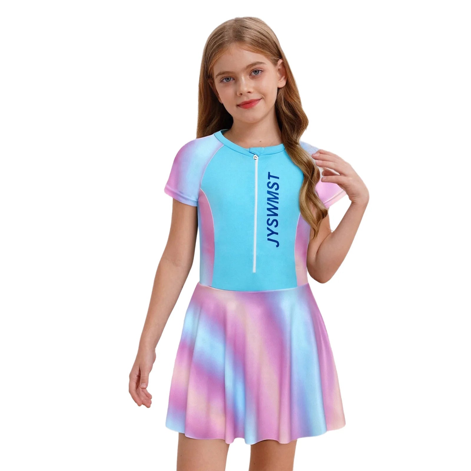 Fashion Girls One Piece Swim Dress Short Sleeve Color Block Swimsuit with Chest Pads Front Zipper And Safety Shorts Beachwear