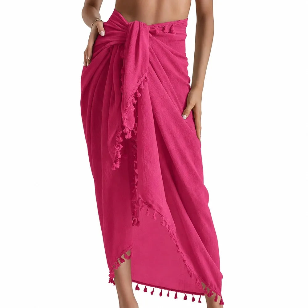 Solid Color Beach Wrap Skirt Sheer Design Quick Drying Sarong Beach Towel Knot Side Tassel Trim Bikini Cover Up