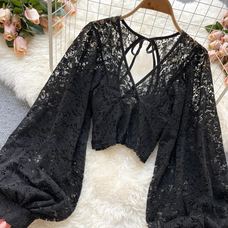 Frenchic Sexy Blusas Mujer Crochet Lace Sheer Women Tops V-neck Lantern Sleeve Backless Lace-up Ladies Elegant Blouse