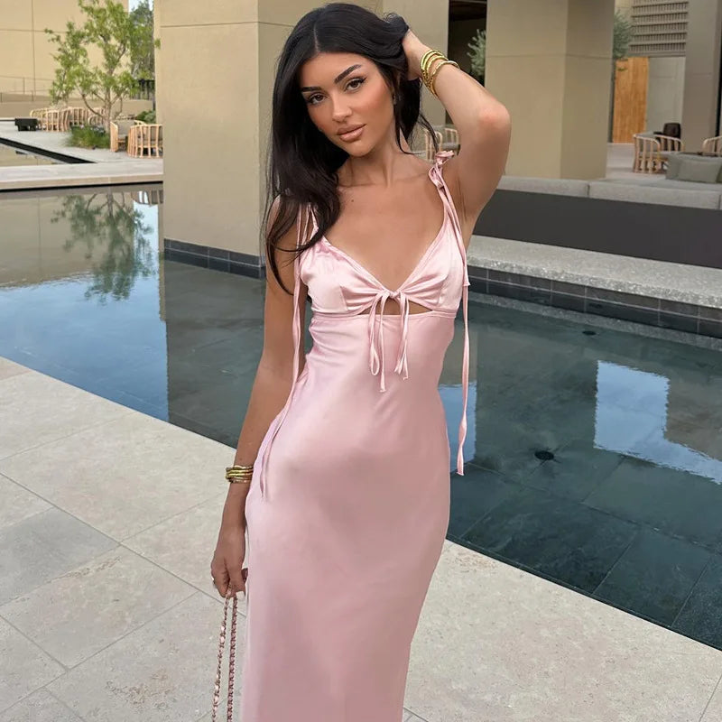 TARUXY V-neck Cut Out Lace-Up Spaghetti Strap Dress For Women Summer Beach Long Dress Fashion Sexy Sleeveless Slim Gown Clothes