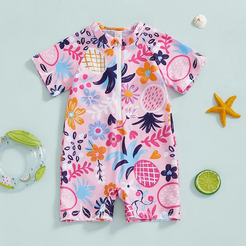 0-3Years Baby Boy Girl Rash Guard Swimsuits Fashion Print Short Sleeve Zip Up Rompers Bathing Suit Toddlers Swimwears Beachwear