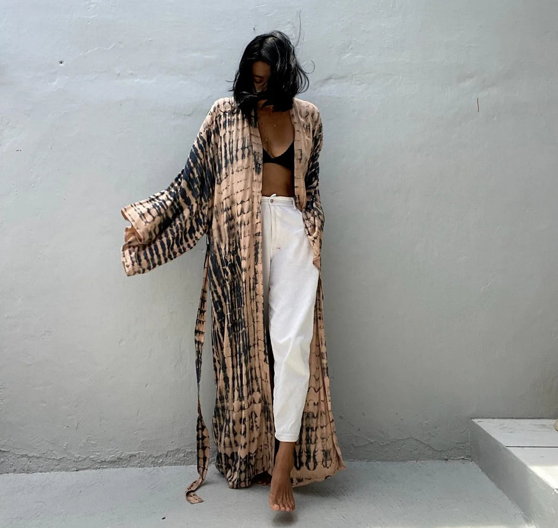 Women's Boho Stripe Tie Dye Swimsuit Cover Up with Belt Tunic Sarong Cardigan Dress Bikini Cover-ups Beach Wear Kimono