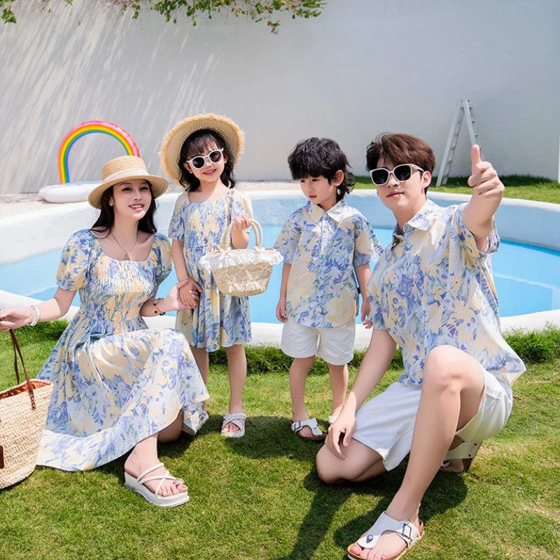 Vacation Couple Family Matching Outfit Dad Son Beach Shirts Mom Daughter Smock Dress Korean Parent-child Sister Brother Clothes