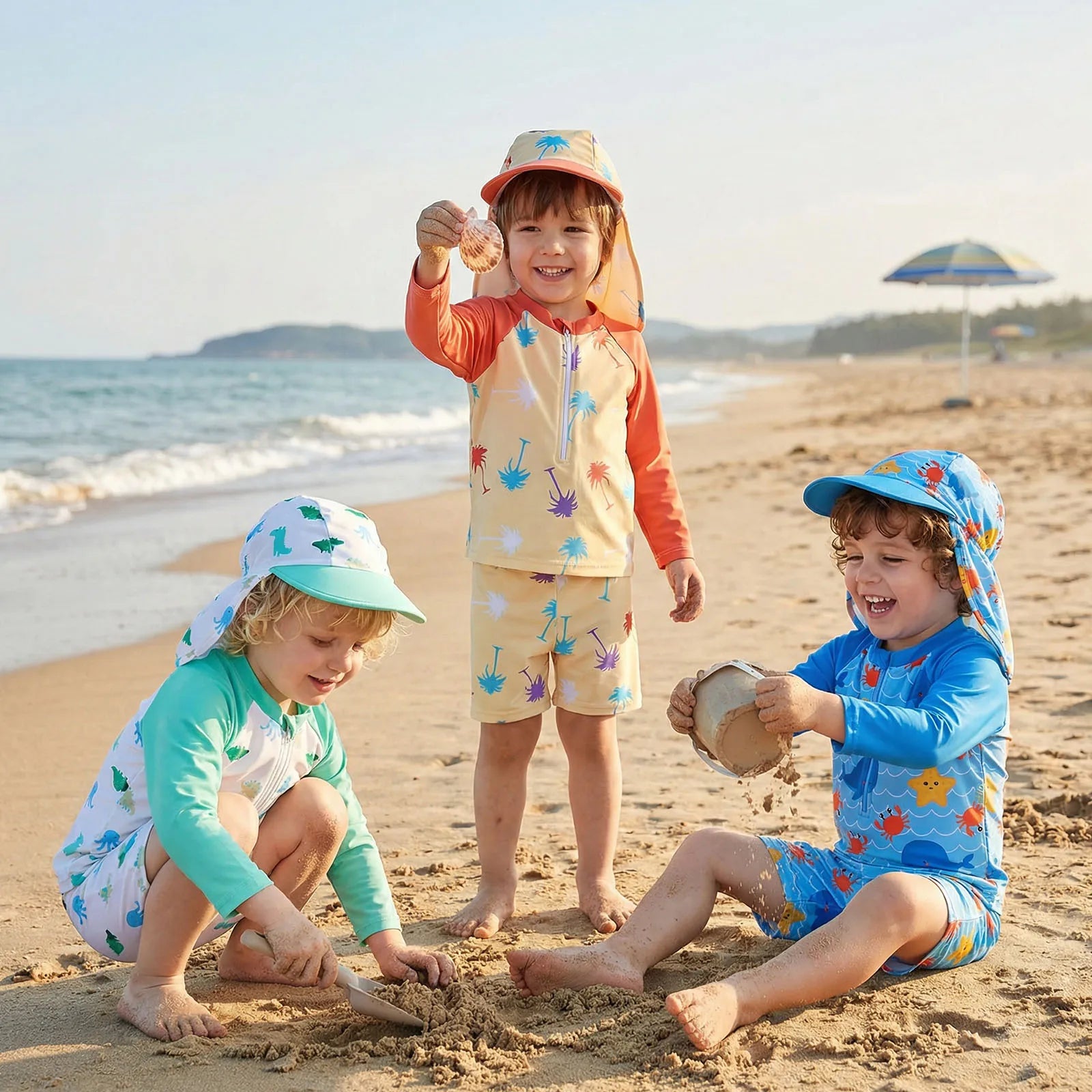 3Pcs Toddler Boy Swimsuit Set Long Sleeve Crew Neck Marine Animal Print Tops Swim Trunks and Hat Rash Guard Bathing Suit