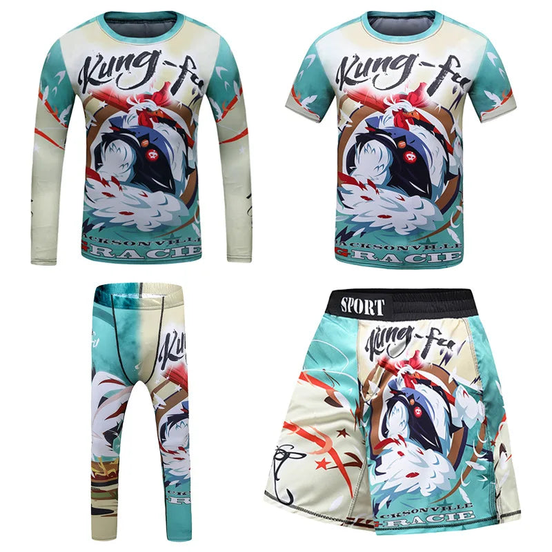New Kids 4/pcs Sets Rashguard Jiu Jitsu MMA T-shirt+Pant For Children Muay Thai Shorts BJJ Tight Sportsuit MMA Boxing Fightwear