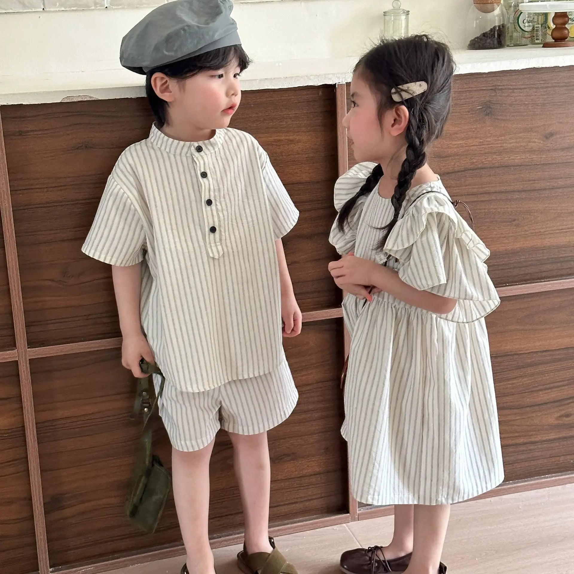 22004 Brother Sister Clothes Summer New Short Sleeve Stripes Baby Boy's Suit Or Cotton Girl Dress