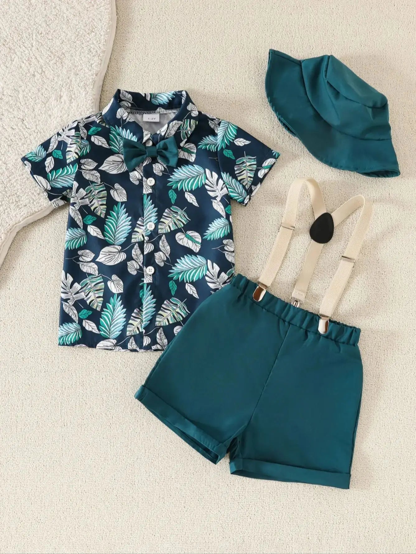 Baby boy spring and summer beach vacation set with maple leaf print top, short sleeves, shorts, hat, and belt – 4 pieces